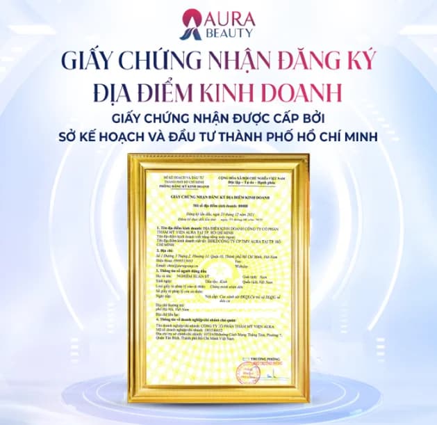 Giấy chứng nhận đăng ký địa điểm kinh doanh do Sở Kế hoạch và Đầu tư TP. Hồ Chí Minh cấp cho phòng khám chuyên khoa Da liễu Aura