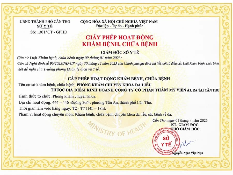 Giấy phép hoạt động khám bệnh, chữa bệnh do Sở Y tế TP. Cần Thơ cấp cho phòng khám chuyên khoa Da liễu Aura