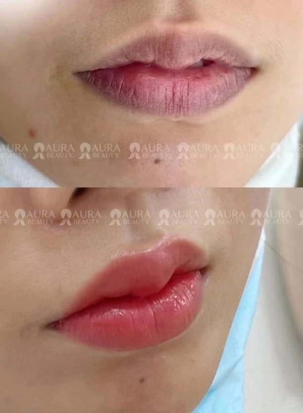 Khách hàng phun môi màu hồng đào tại Aura