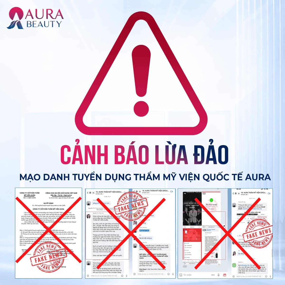 CẢNH BÁO: MẠO DANH THẨM MỸ VIỆN QUỐC TẾ AURA ĐỂ LỪA ĐẢO ỨNG VIÊN TUYỂN DỤNG